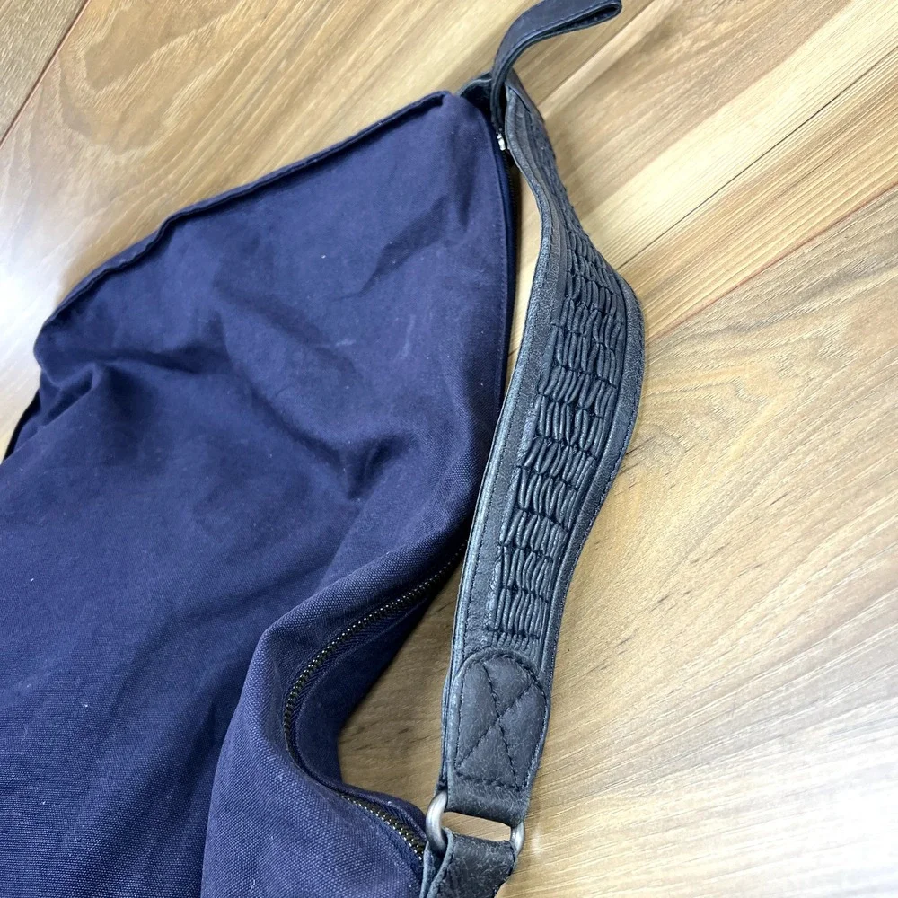 J Jill Large Navy Cotton Leather Trim Hobo Slouchy Shoulder Bag Zip